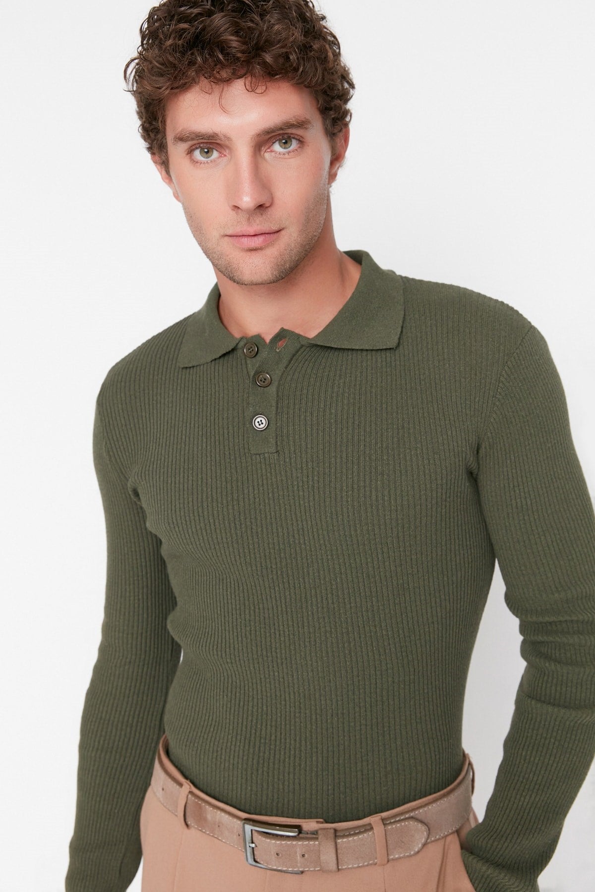 Khaki Men's Fitted Slim Fit Polo Collar Buttoned Ribbed Knit Sweater Tmnaw21kz0567