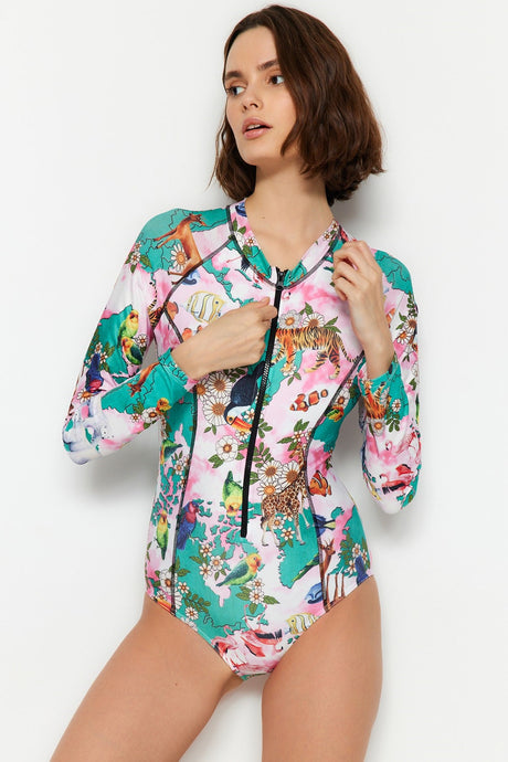 Abstract Patterned Zipper Long Sleeve Surf Swimsuit Tbess21ma0034