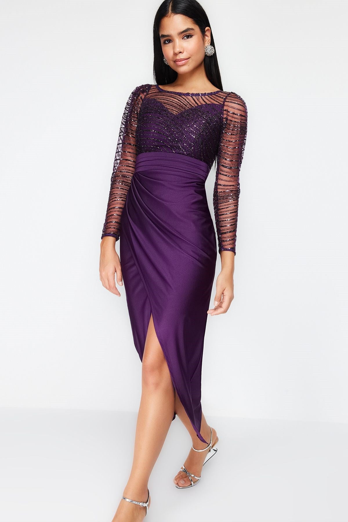 Purple Tulle Detailed Knitted Elegant Evening Dress Tprss24ae00103