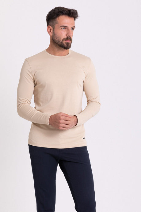 Flat Tile Color Slim Fit Long Sleeve Crew Neck Men's T-shirt 36671.21k