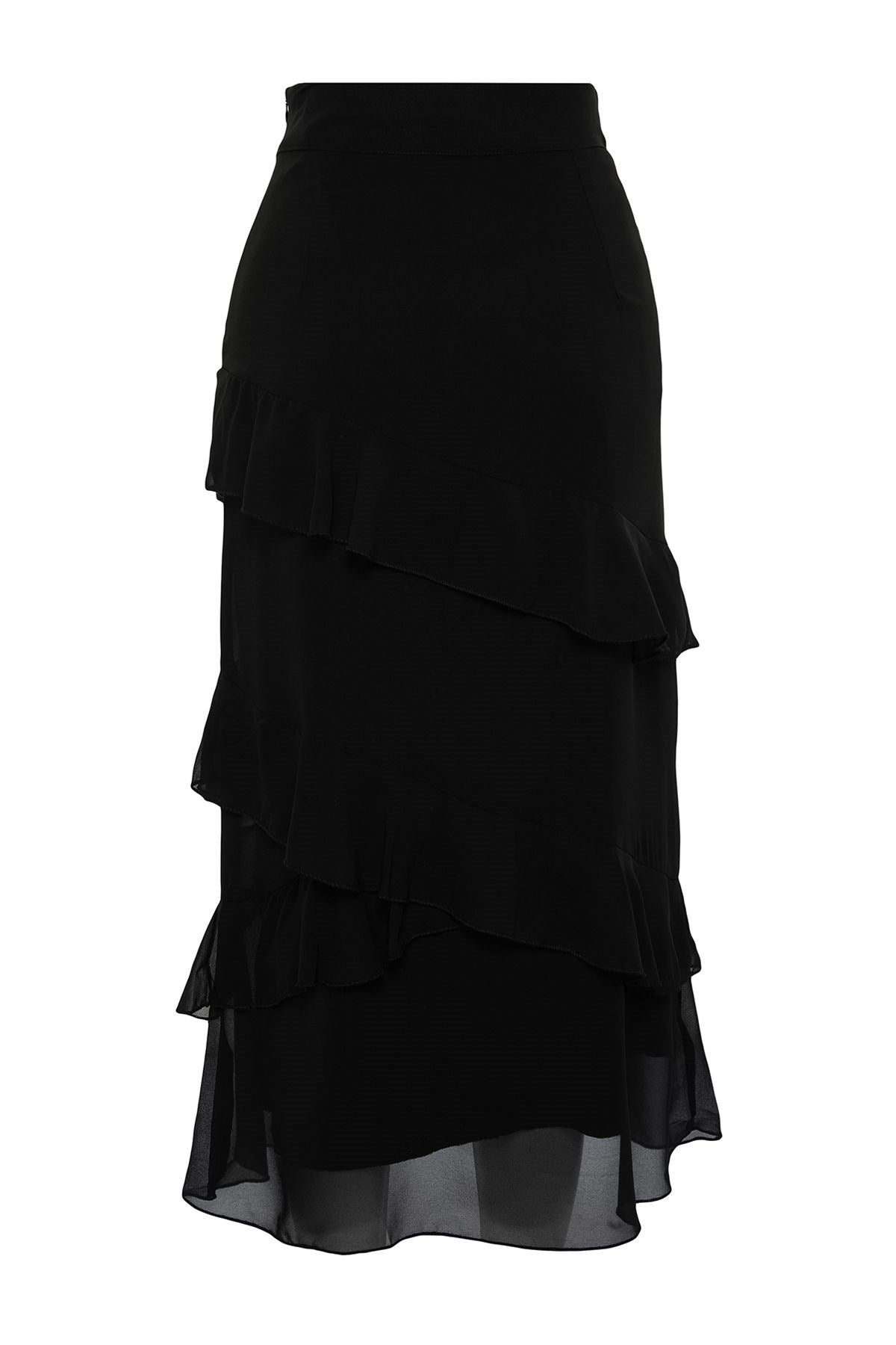 Black Flounce Chiffon Fabric Midi Woven Skirt Twoaw24et00269