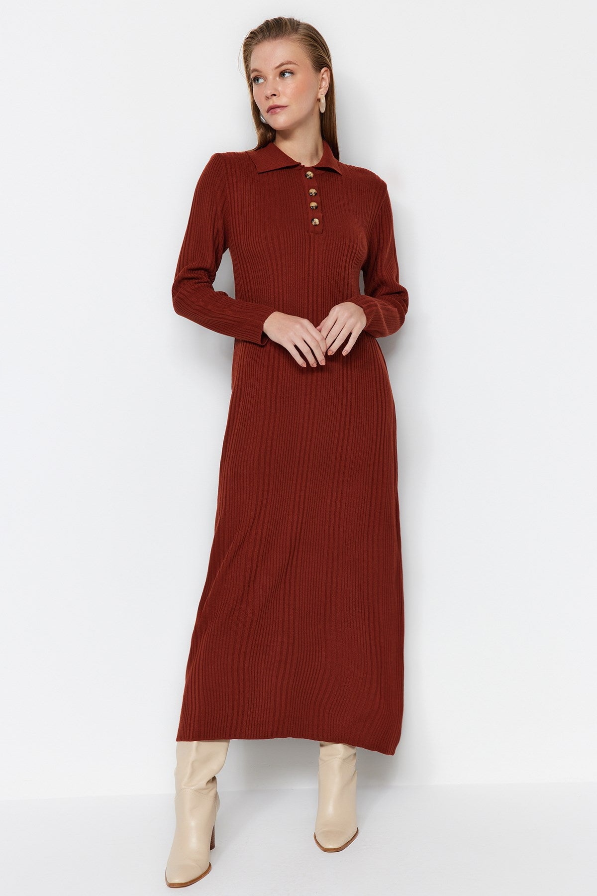 Camel Polo Collar Casual Pattern Ribbon Knitwear Dress Tctaw24eb00025