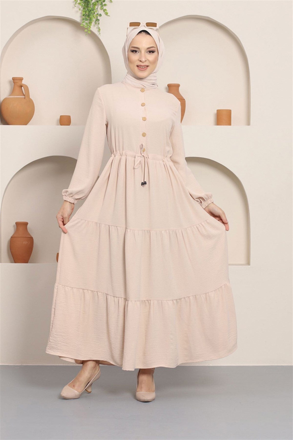 Ruffle Button Aerobin Dress Cream 8811