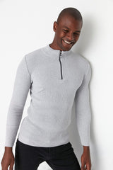 Grey Men's Slim Fit Half Turtleneck Zipper Ribbed Sweater Tmnaw20kz1034