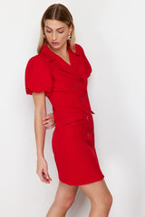 Red Balloon Sleeve Detailed Jacket Form Mini Woven Dress Twoss24el00641