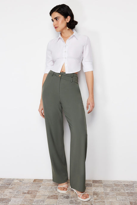 Beige Premium Straight/straight Cut Asymmetric Waist Detailed Woven Pants Twoss24pl00067