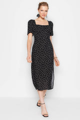 Black Polka Dot Print A-cut Midi Woven Viscose Patterned Dress Twoss23el00487