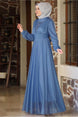 Women's Navy Blue (indigo) Stone And Bead Detailed Silvery Evening Dress T 3253 23yabltr3253