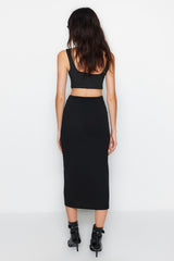 Black Crepe Buckle Slit Detailed Maxi High Waist Flexible Knit Skirt Twoaw24et00054