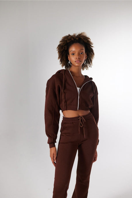 Women's Brown Hooded Long Sleeve Zipper Crop Mixed Sweat Hlmixedsweat