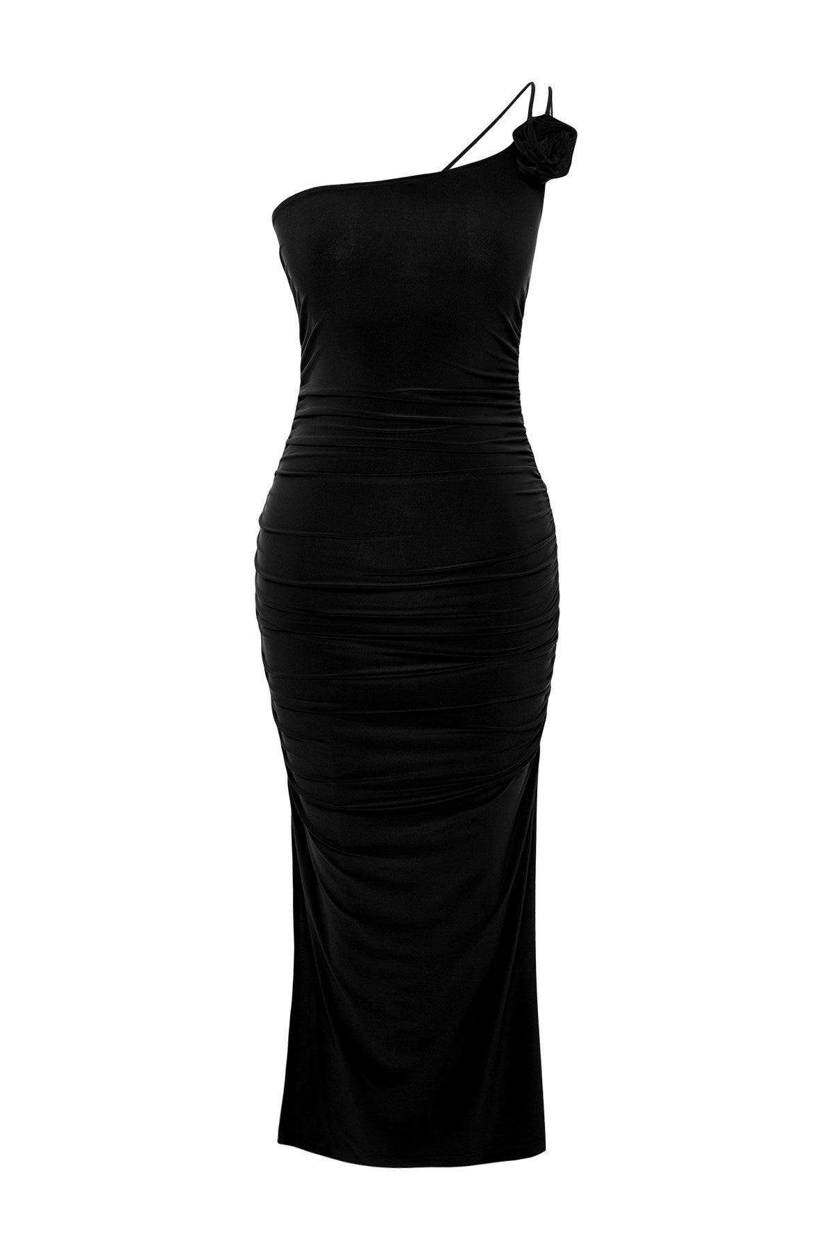 Black Accessory Rose Detailed Ruffle Body Fit Flexible Knitted Midi Pencil Dress Twoss24el00413