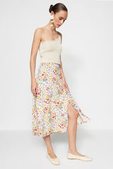 Tile Slit Detailed Floral Pattern Viscose Fabric Midi Woven Skirt Twoss20et0230