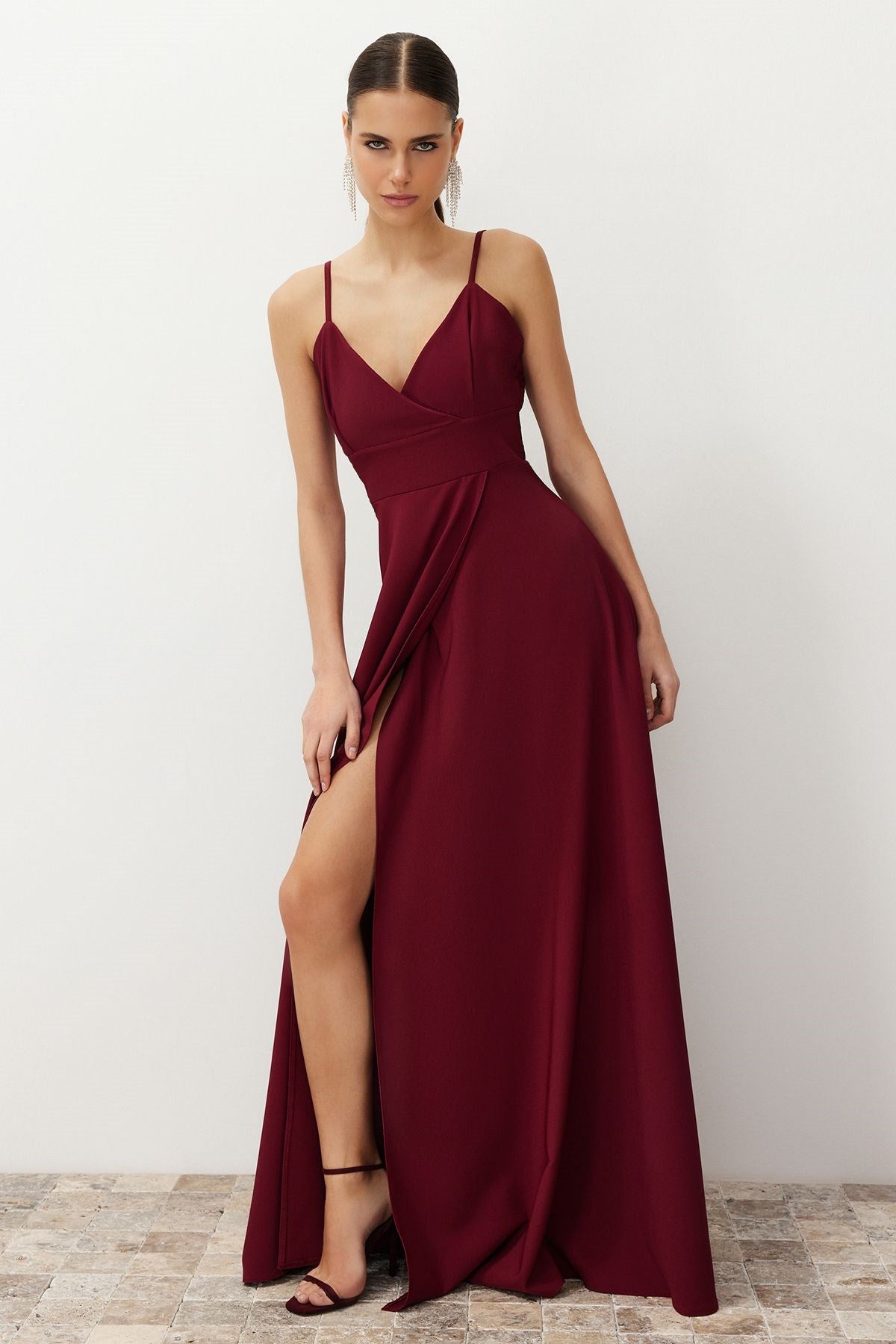 Burgundy Woven Long Elegant Evening Dress Tprss24ae00121