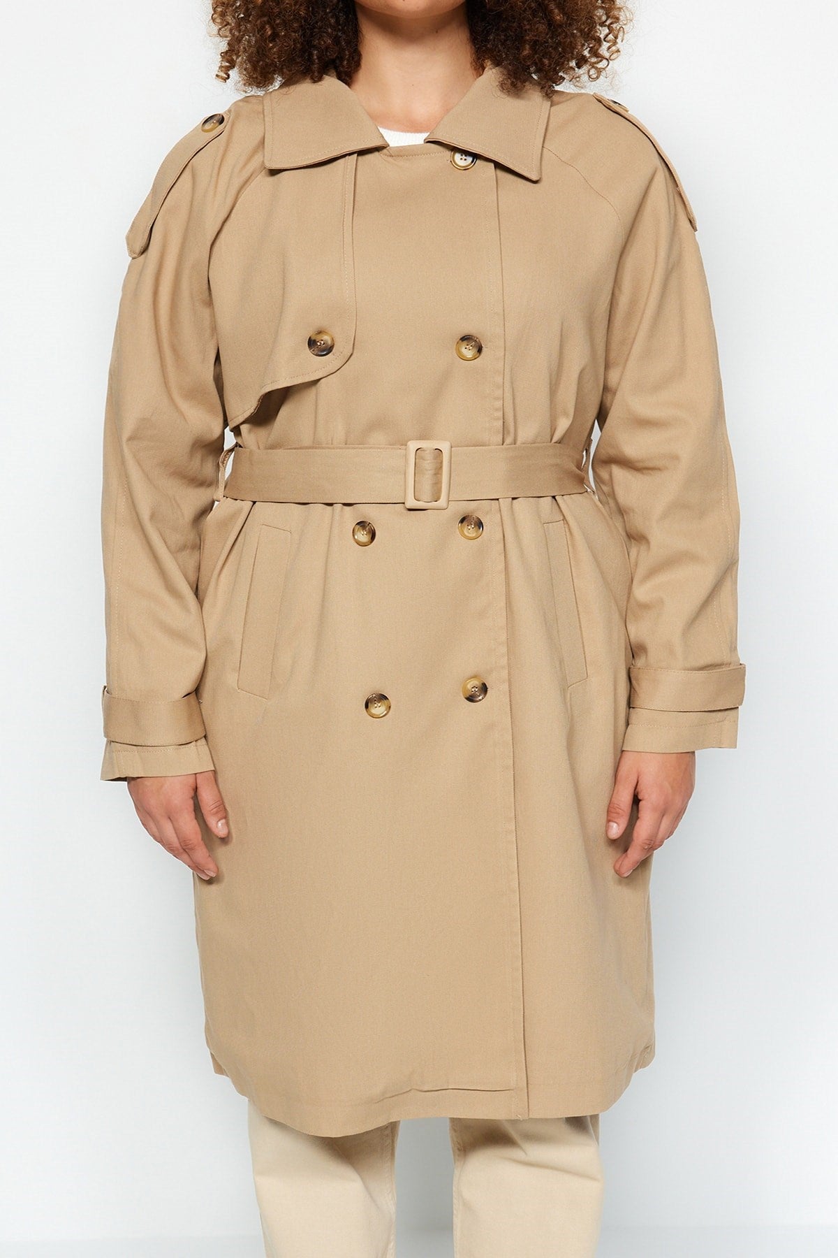 Beige Waist Belted Gabardine Trench Coat Tbbaw24bm00002