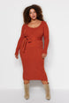 Burgundy Tie Waist Detailed Buttoned Knitwear Dress Tbbaw24ah00003