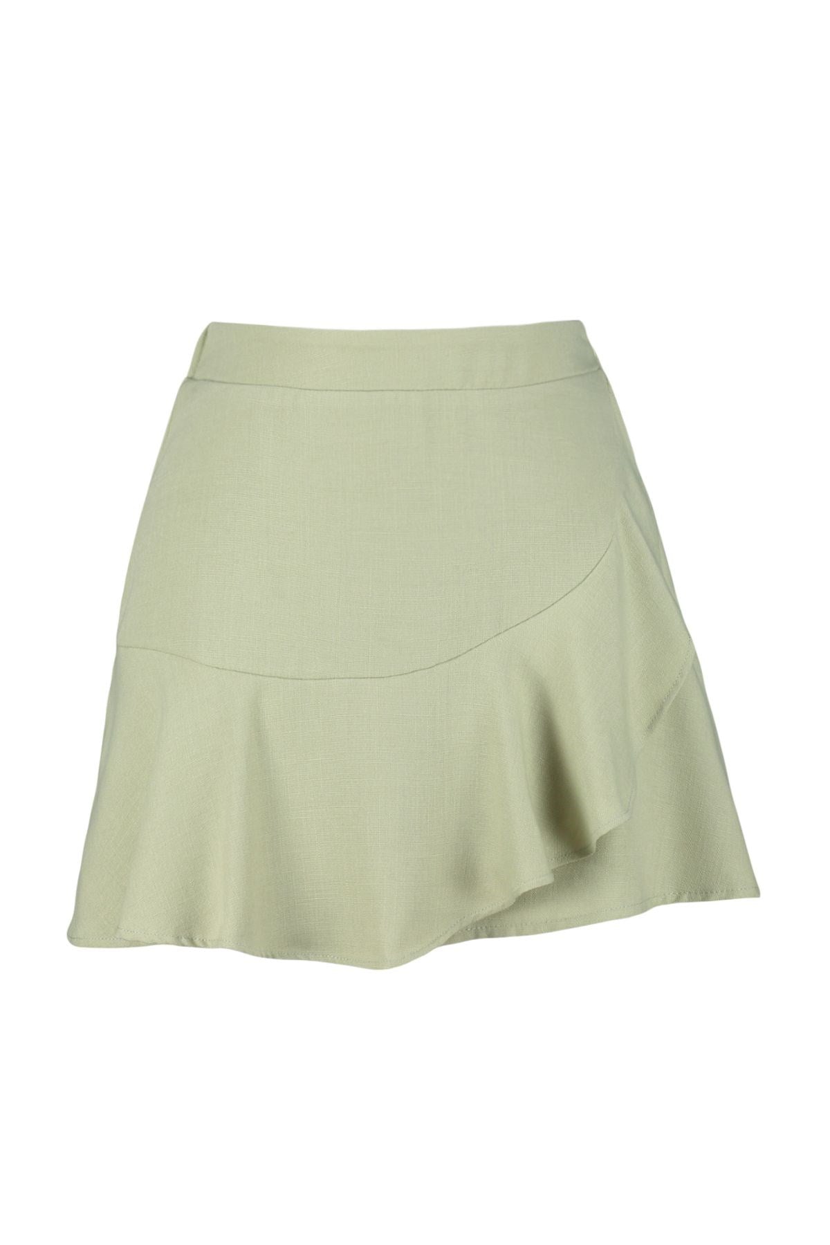 Khaki Skirt Hem Ruffle Waist Elastic Linen Look Woven Shorts Skirt Twoss24sr00038