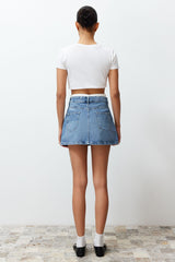 Limited Edition Blue Boxer Detail High Waist Denim Skirt Twoss24et00123