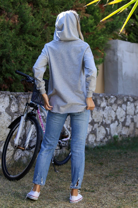 Grey Hooded Long Sleeve Knitted Casual Sweatshirt M10010700sw99078