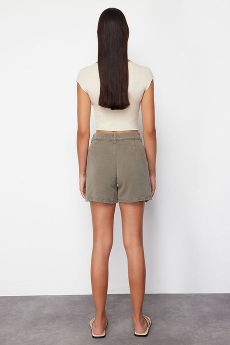 Khaki 100% Tencel™ Pleated Denim Shorts & Bermuda Twoss24sr00077