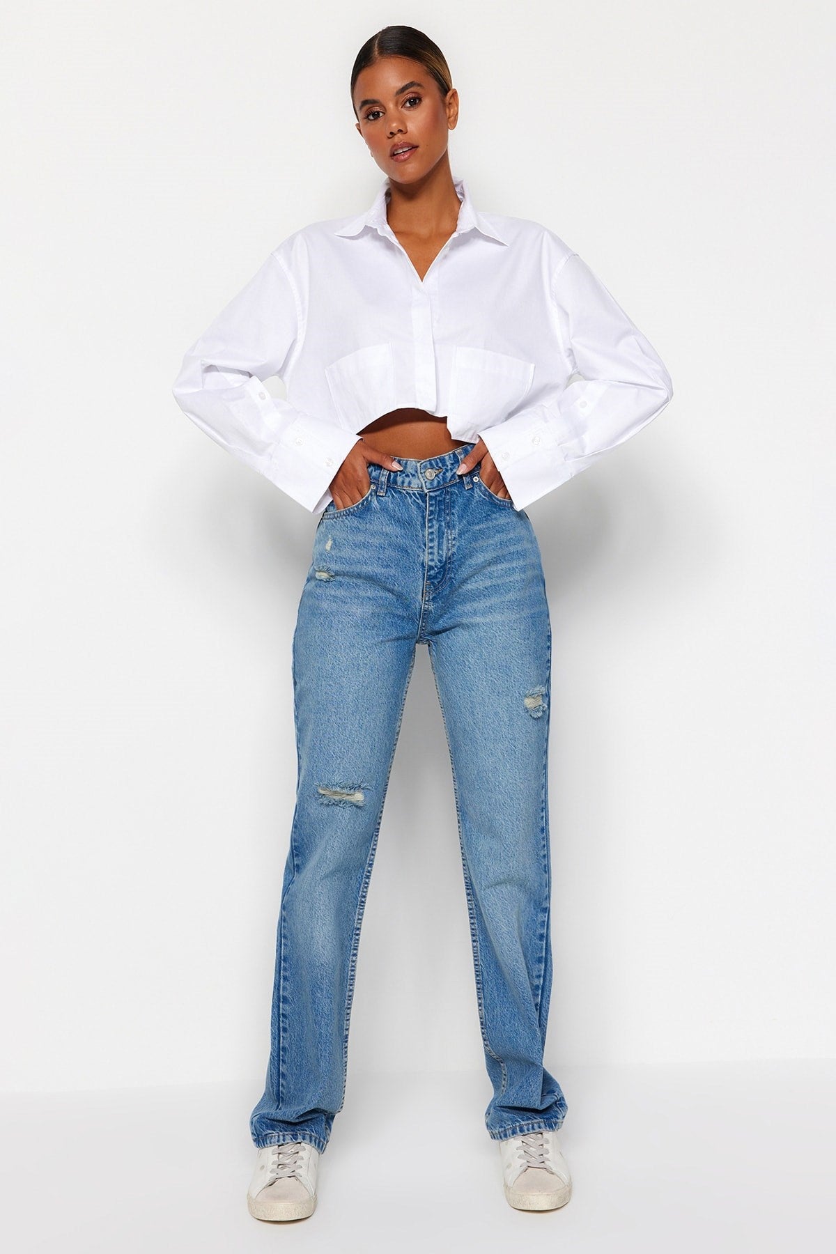 Blue Ripped High Waist Long Straight Jeans Twoaw24je00033