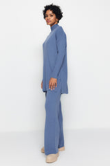 Indigo Slit Wide Leg Knitwear Bottom-top Suit Tctaw24us00028