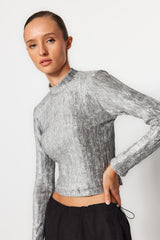 Grey Pleated Velvet Scoop Neck Regular/regular Pattern Long Sleeve Crop Knitted Blouse Twoaw24bz0025