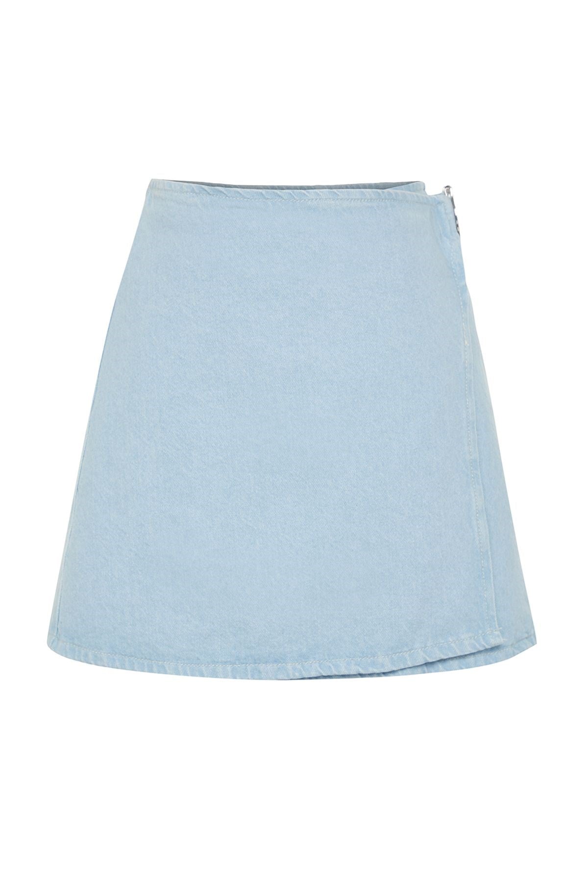 Light Blue Buckle Detailed Tire High Waist Mini Denim Skirt Twoss24et00061