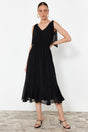 Black A Cut Waist Elastic Chiffon Lined Maxi Woven Dress Twoss24el00804