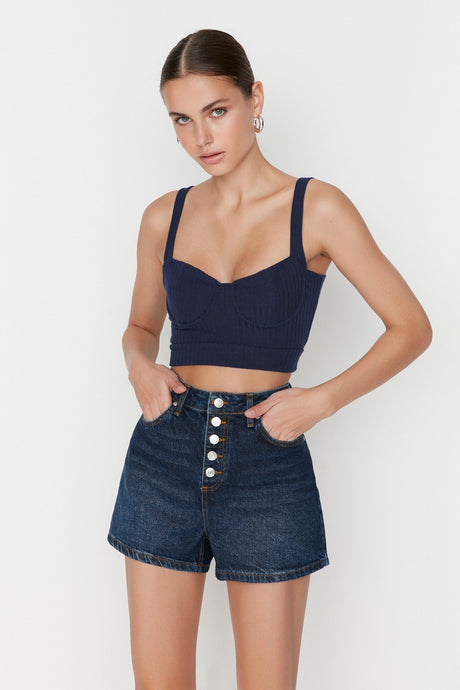 Black Front Buttoned High Waist Denim Shorts Twoss22sr00112