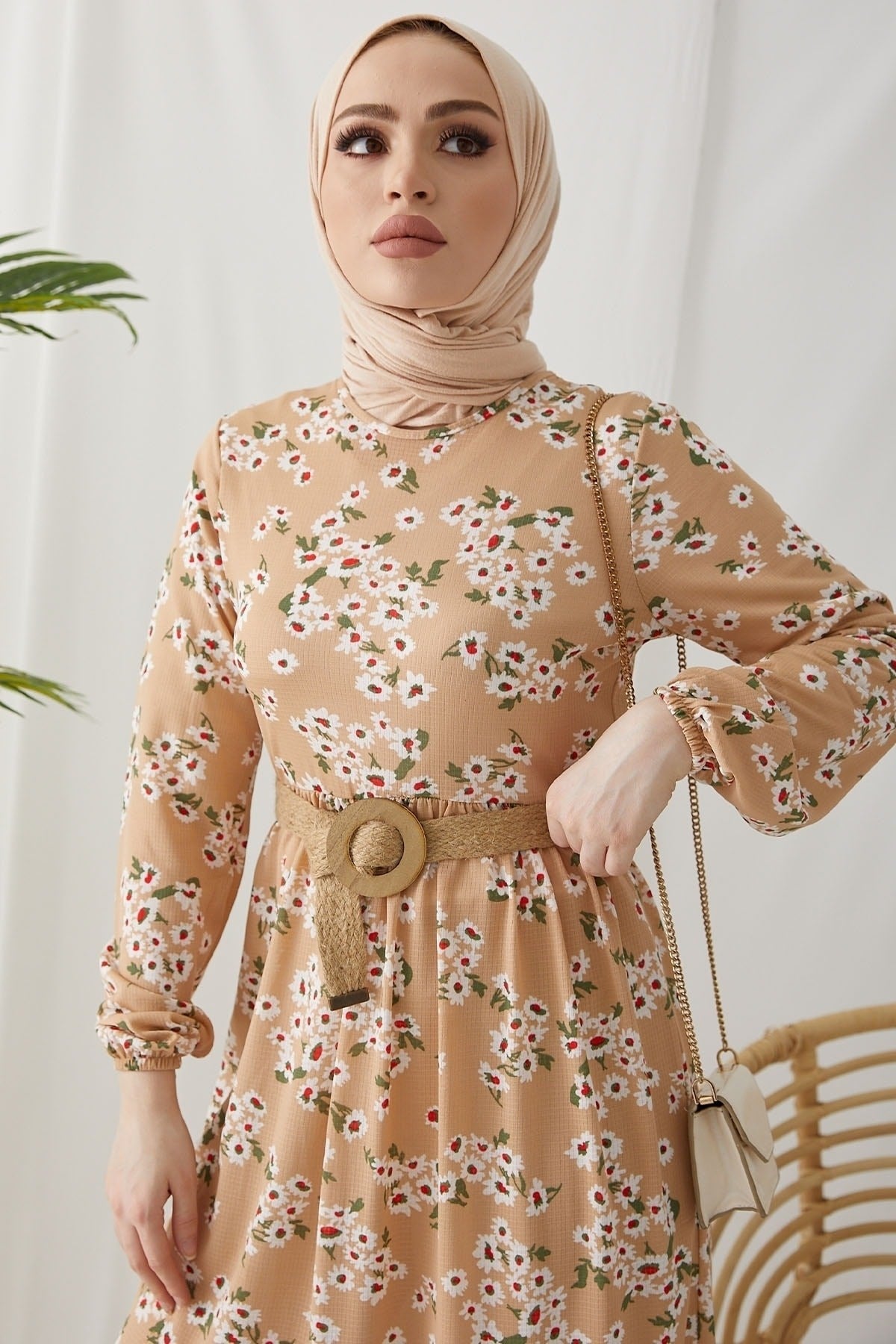 Lesa Floral Straw Belt Dress - Beige Ms00an9991