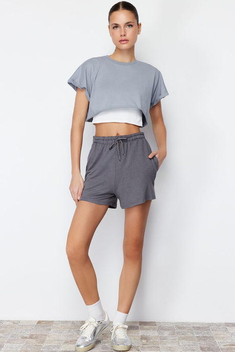 Green Striped Waist Elastic Basic Soft Button Knitted Shorts & Bermuda Twoss24sr00042