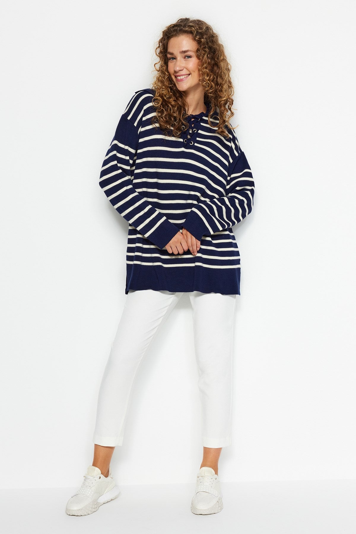 Beige Casual Pattern Striped Knitwear Sweater Tctaw24ak00172