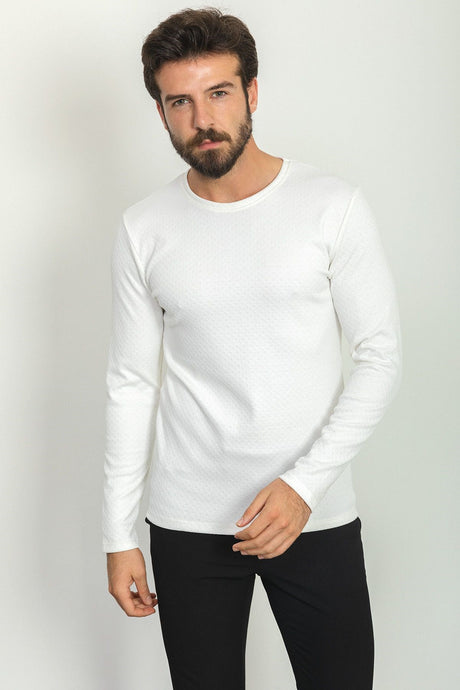 Patterned White Color Slim Fit Crew Neck Long Sleeve Men's T-shirt 36754.22k