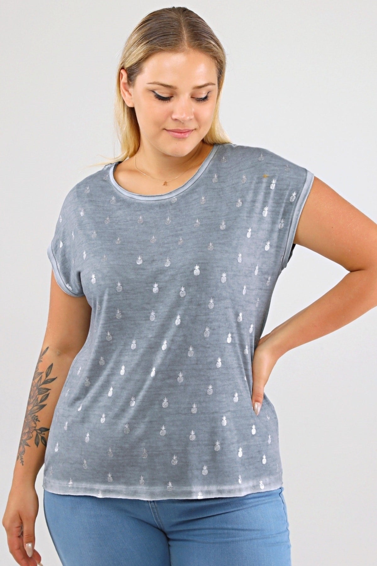 Spade Print Back Lace Oil Wash T-shirt-misty Fog Pra-1668864-905768