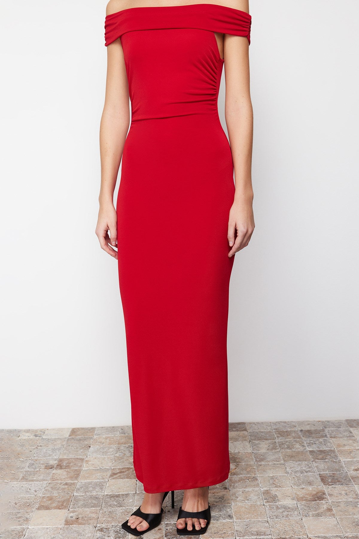 Red Maxi Body Sitting Carmen Collar Flexible Knitted Maxi Pencil Dress Twoss24el00254