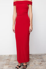 Red Maxi Body Sitting Carmen Collar Flexible Knitted Maxi Pencil Dress Twoss24el00254