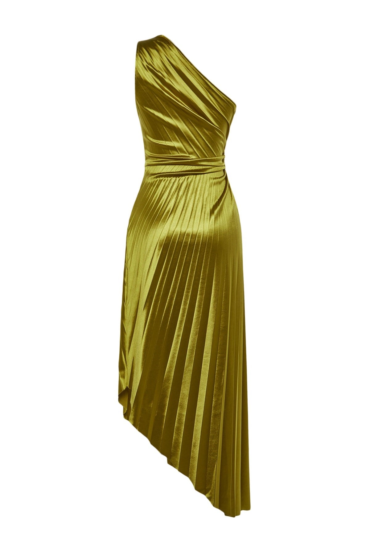 Light Green Asymmetric Knitted Pleated Detailed Satin Evening Dress Evening Dress Tprss23el00557