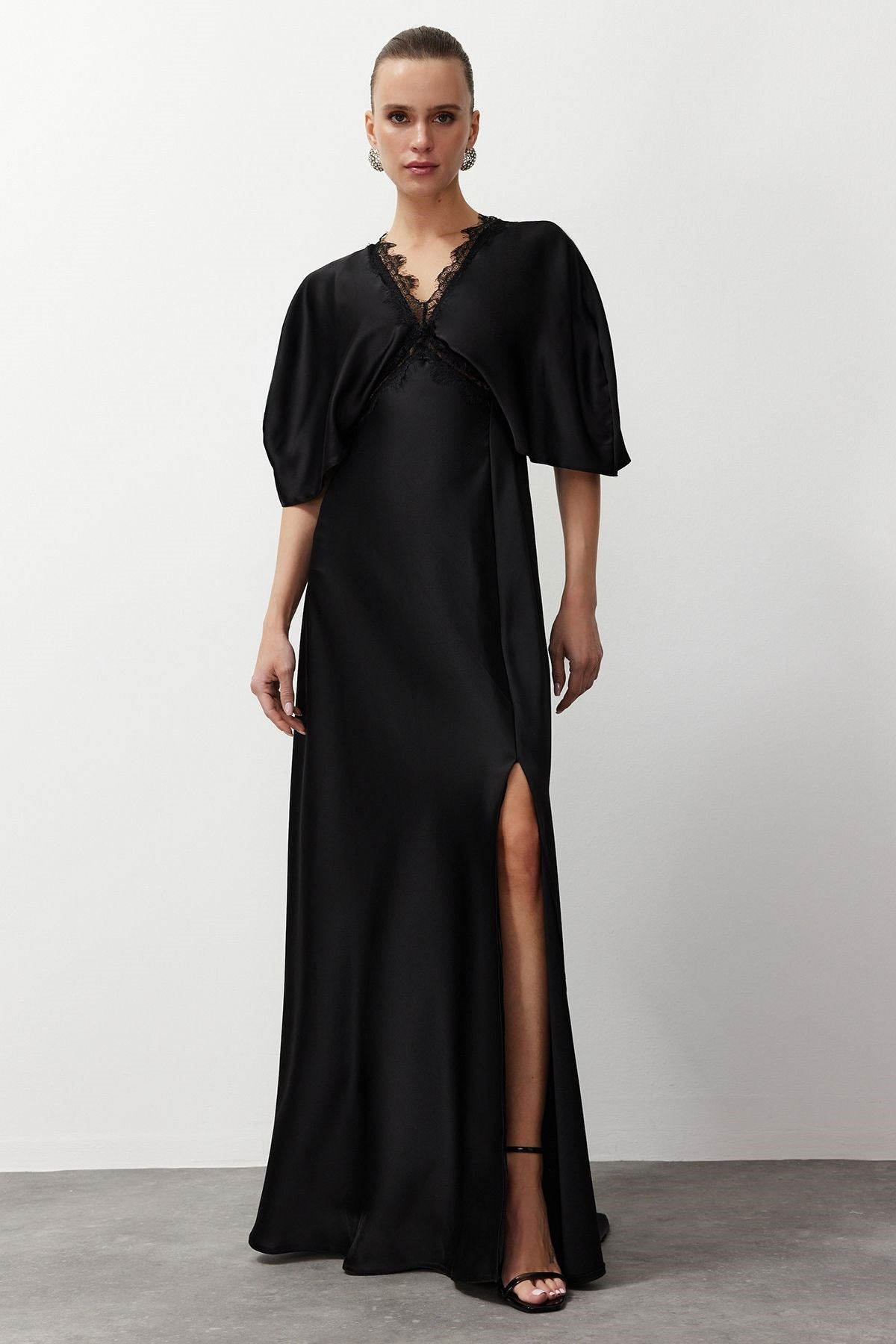 Black Lace Detailed Satin Long Night Evening Dress Tprss24ae00037