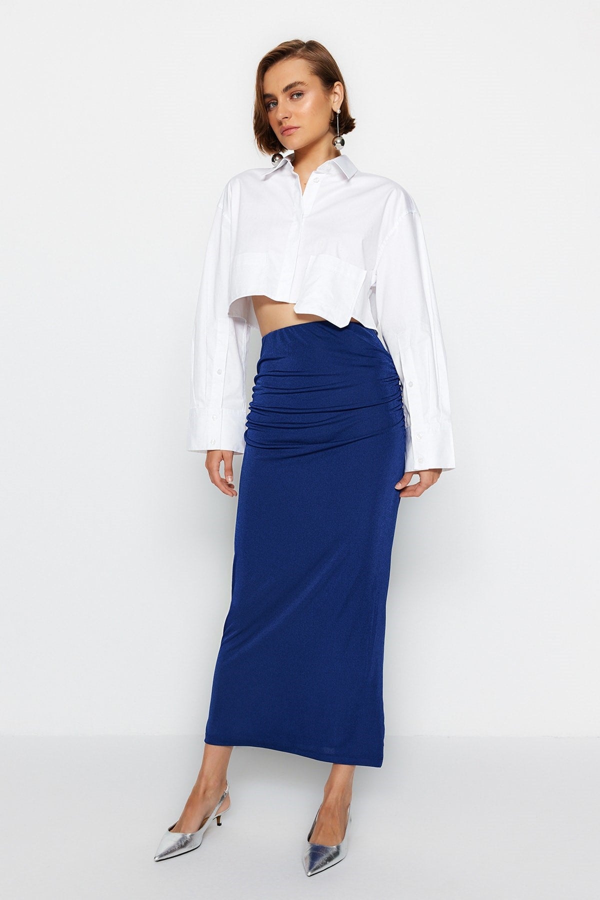 Navy Blue Premium Shiny Finish And Soft Textured Draped Maxi Knit Skirt Twoaw24et00090