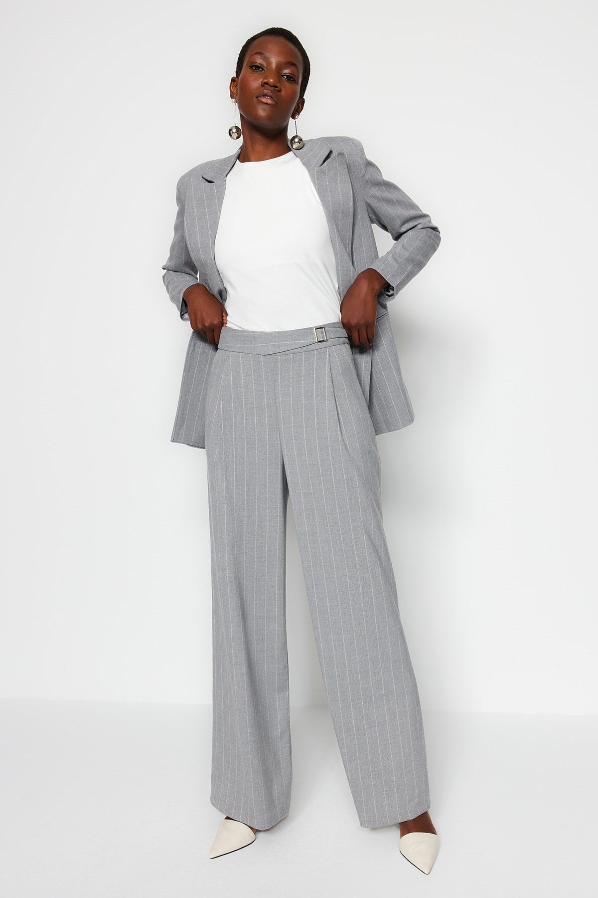 Grey Wide Leg/wide Leg Sim Detailed Woven Striped Pants Twoss23pl00223