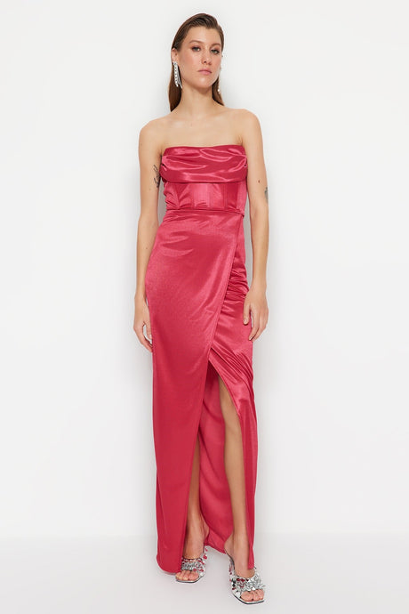 Fuchsia Lined Knitted Satin Long Evening Evening Dress Tprss23ae00006