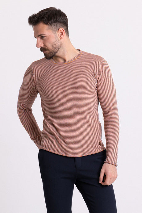 Striped Camel Color Slim Fit Long Sleeve Crew Neck Men's Sweater 11333.20k