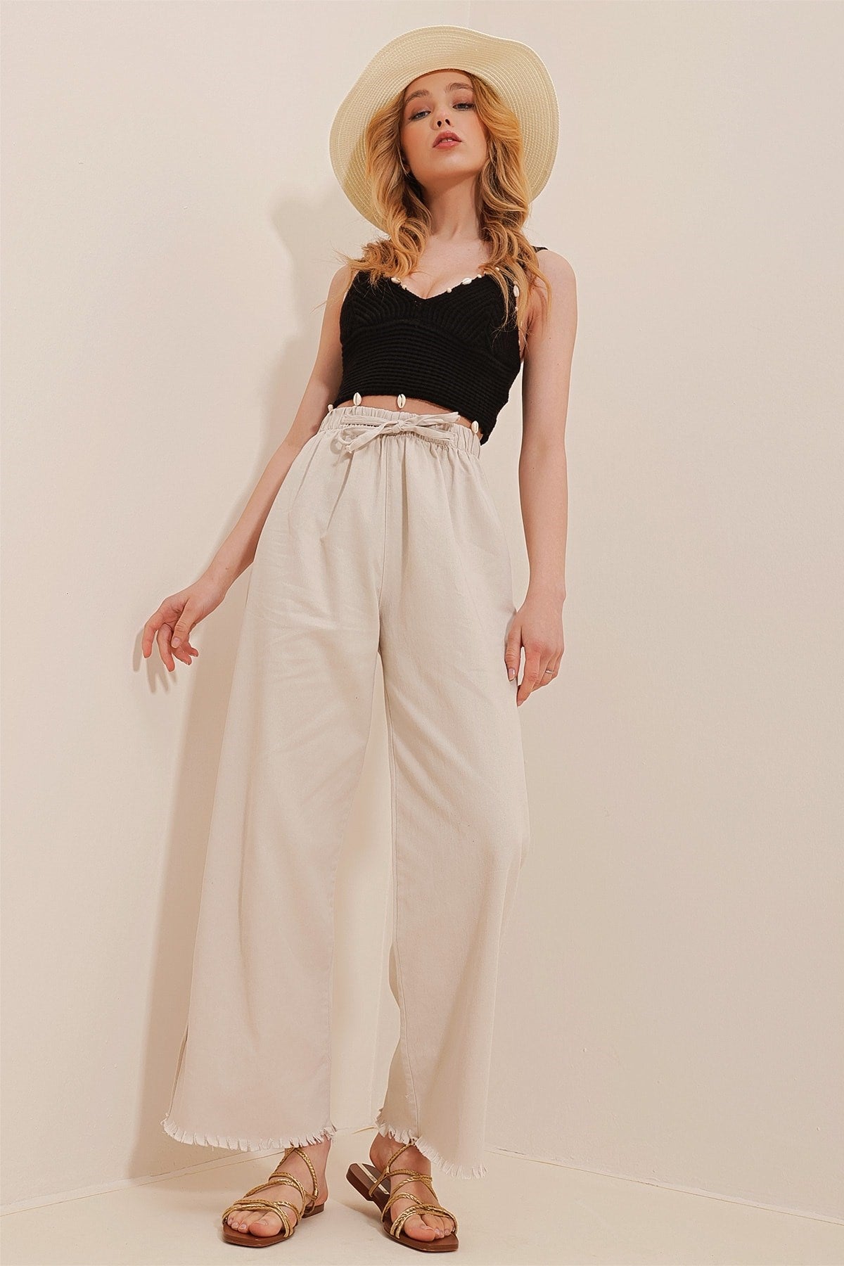 Women's Beige Leg Tassel High Waist Palazzo Jeans Pants Alc-x8930