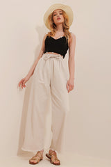 Women's Beige Leg Tassel High Waist Palazzo Jeans Pants Alc-x8930