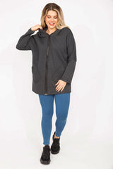 Women Plus Size Black Front Zipper Pocket And Hooded Coat 65n35108 65n35108