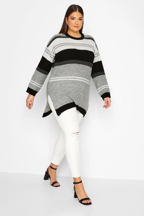 Plus Size Striped Round Neck Slit Detailed Knitwear Sweater 301831