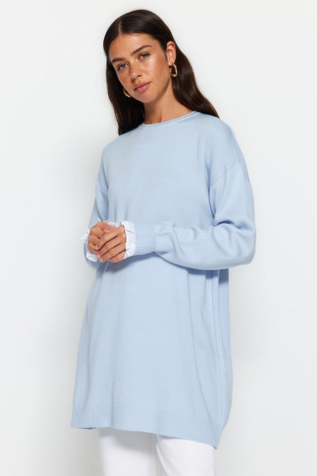 Light Blue Sleeve Ruffle Detailed Crew Neck Knitwear Sweater Tctaw24ak00038