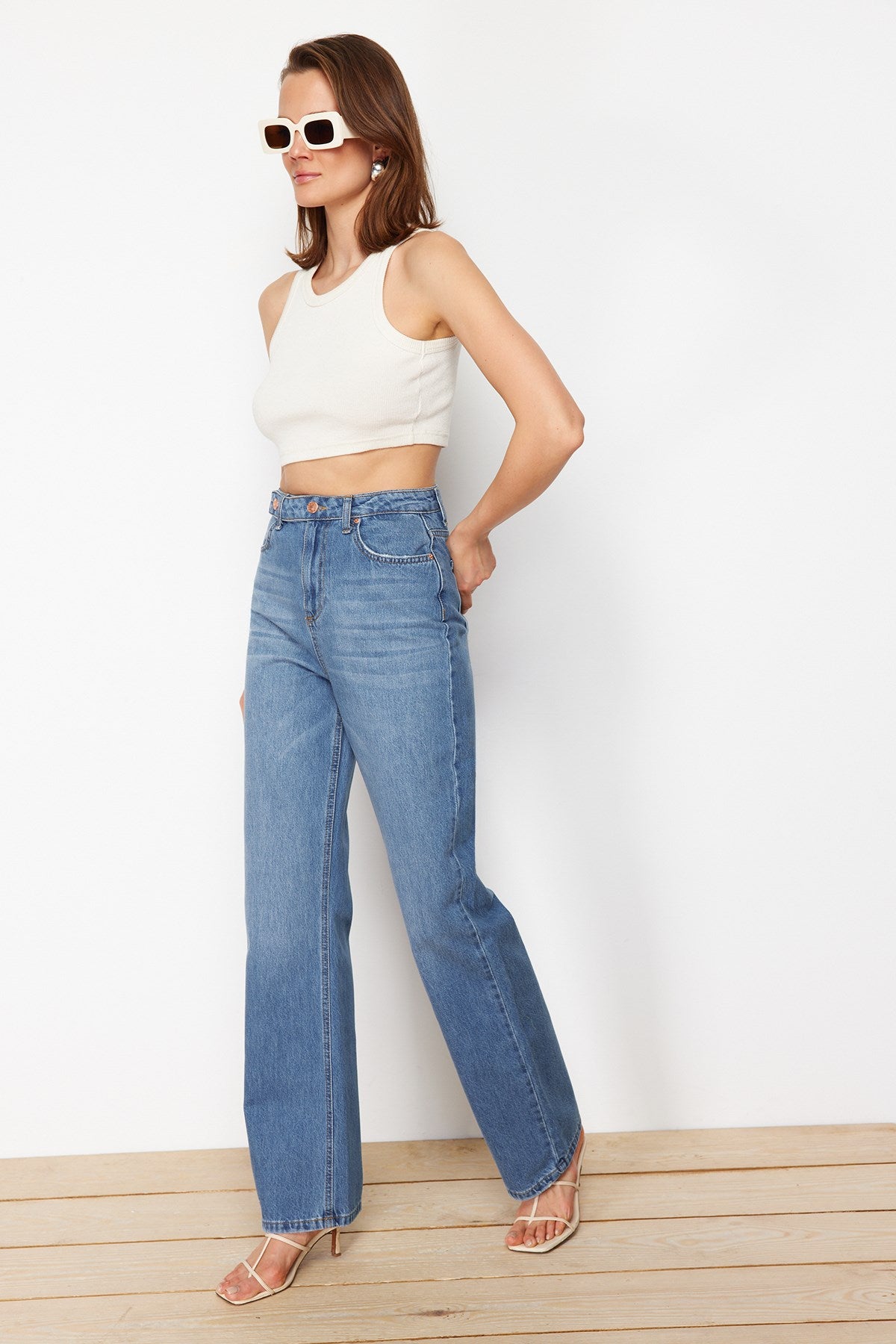 Blue Waist Detailed High Waist Wide Leg Jeans Twoss22je0675