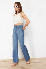 Blue Waist Detailed High Waist Wide Leg Jeans Twoss22je0675