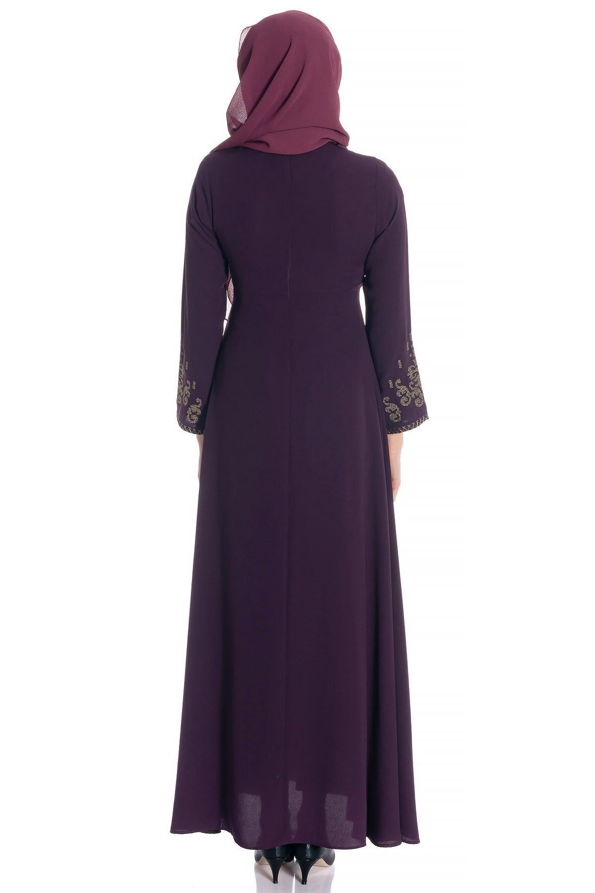 Purple Hijab Dress With Sleeve Cross Stitch Embroidery 749 T18elb3m749